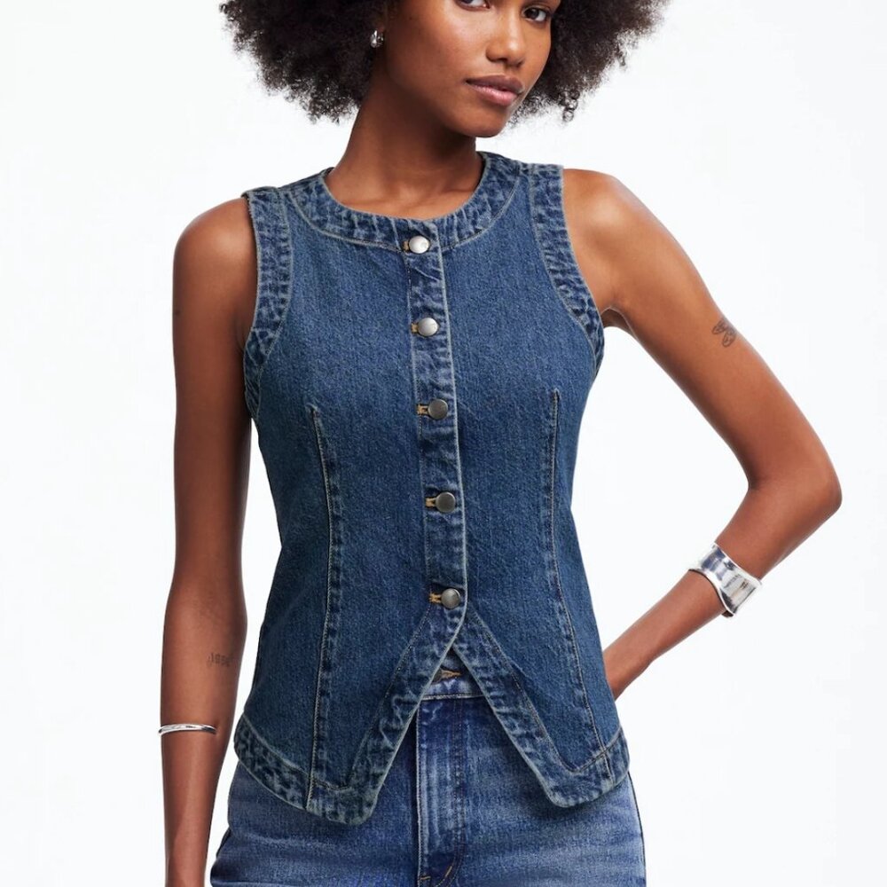 Madewell Dark Blue Denim Button-Front Sleeveless Top